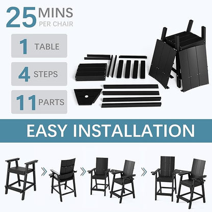 Tall Adirondack Chair Set of 2, HDPE Balcony Chairs with Connecting Tray, Two Cup Holders, All-Weather Adirondack Bar Stools for Patio, Balcony, Backyard, Poolside, Black
