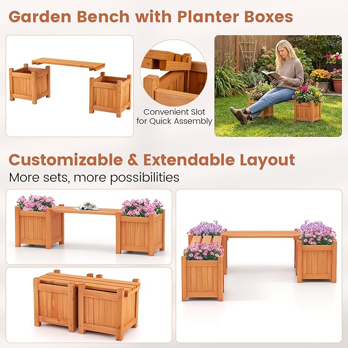 Giantex 4-in-1 Outdoor Bench with 4 Planter Boxes, Wood with Teak Oil Finish, Garden Bench Seat with Raised Garden Beds for Porch Balcony Lawn Yard, DIY Assembly, 42"x11"x11.5"