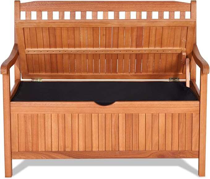 Foldable Outdoor Bench, Garden Bench w/High Back & Armrest, Acacia Wood Bench, 4 FT 2-Person Loveseat Chair for Front Porch, Patio, Backyard & Balcony, Teak Finish (w/Storage, Natural)