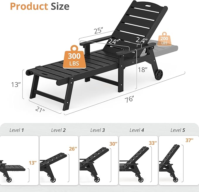 LUE BONA Outdoor Chaise Lounge, HDPS Chaise Lounger, 5 Positions Adjustable Lounge Chairs - Photo 2