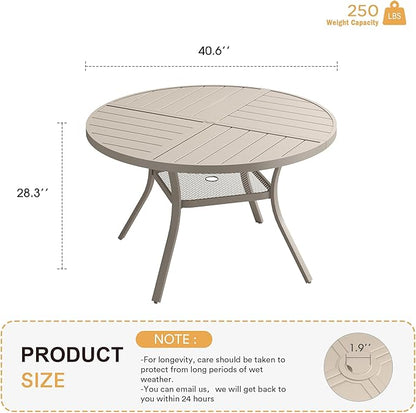VICLLAX Round Patio Table with Adjustable Umbrella Hole for 4, All Weather Metal Outdoor Dining Table for Lawn Garden, 40.6" Outdoor Coffee Table, Cream Color Frame
