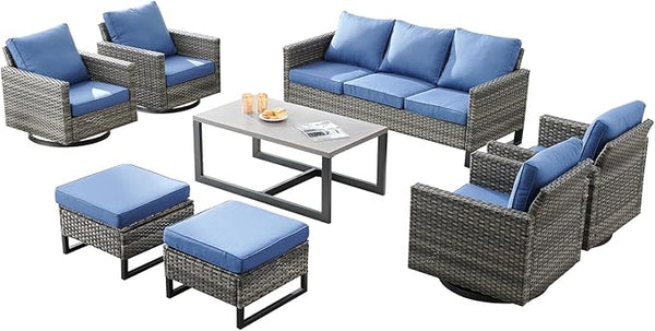 Wicker Outdoor Patio Furniture Set - 8 Piece Patio Conversation Set with 4 Swivel Rocker Chairs, 2 Rattan Ottoman - Photo 1