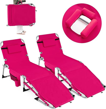 Goplus Tanning Chair with Face Arm Holes, Portable Sunbathing Chair w/4-Level Backrest, Head Pillow, Patio Lay Flat Folding Chaise Lounge with Side Pocket, Shoulder Strap for Pool Beach (2,Pink)