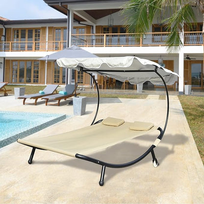 Chaise Lounge Outdoor Hammock with Stand for Outside with Adjustable Canopy & Pillows, 2 Person Chaise Lounge Lawn Chair with Shade for Backyard, Garden, Poolside