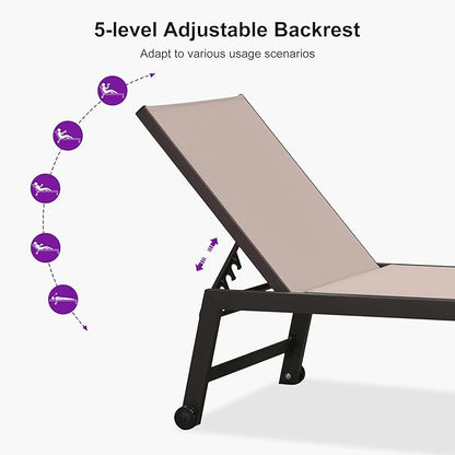 PURPLE LEAF Extra Large Outdoor Chaise Lounge Chairs Set of 2, Aluminum Oversized Patio Loungers with Side Table and Wheels for All Weather for Outside Deck, Lawn, Garden, Sand Beige