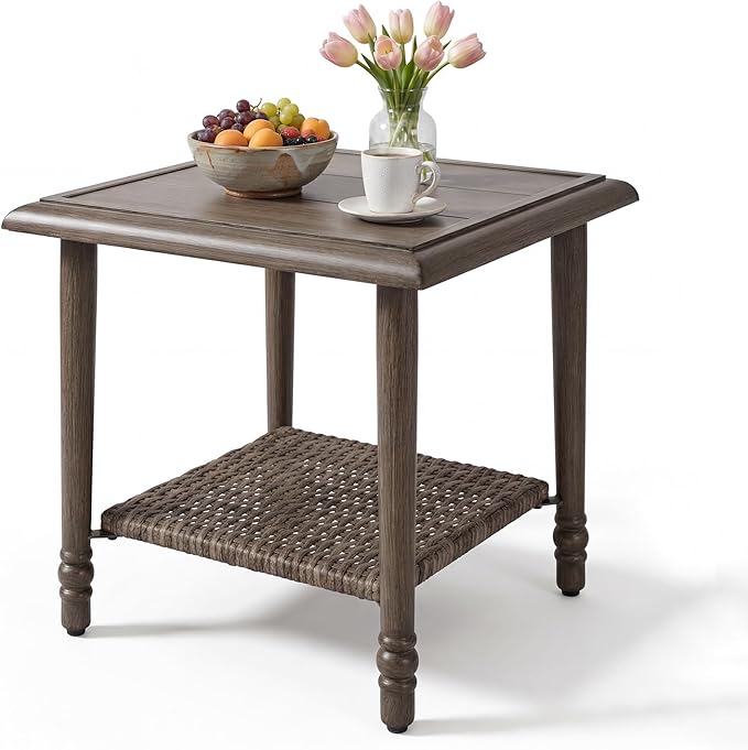 Wicker Outdoor Side Table, Heavy Duty Iron Patio Table for Porch Balcony Deck Garden Poolside
