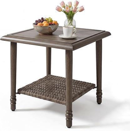 Wicker Outdoor Side Table, Heavy Duty Iron Patio Table for Porch Balcony Deck Garden Poolside