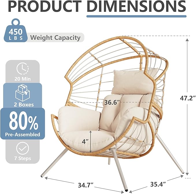 SWITTE Wicker Egg Chair Outdoor Indoor, Oversized Patio Egg Chair with Cushion, Comfy Egg-Shaped Lounge Chair for Balcony, Porch, Living Room, Beige