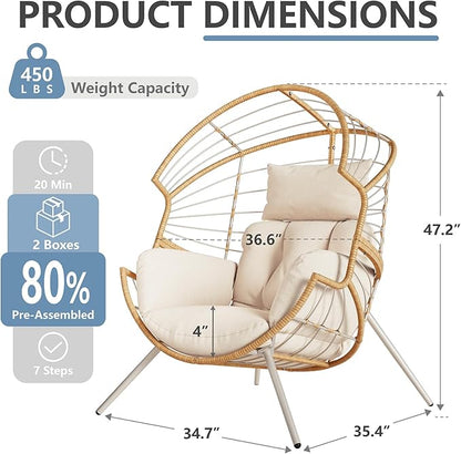 SWITTE Wicker Egg Chair Outdoor Indoor, Oversized Patio Egg Chair with Cushion, Comfy Egg-Shaped Lounge Chair for Balcony, Porch, Living Room, Beige