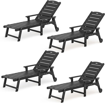 LUE BONA Outdoor Chaise Lounge Chairs Set of 4, HDPS Chaise Lounger, 5 Positions Adjustable Lounge Chairs, Pool Lounge Chair with Wheels for Poolside, Black