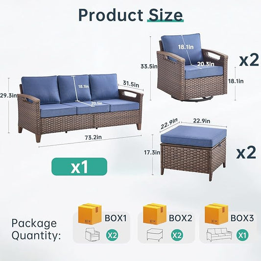Luxury 5 Piece Heavy Duty Patio Furniture Set with Swivel Chairs - All Weather Wicker Comfort Thick Cushion Outdoor Conversation Set with 3 Seat Sofa & Ottoman for Porch Poolside Deck - Blue