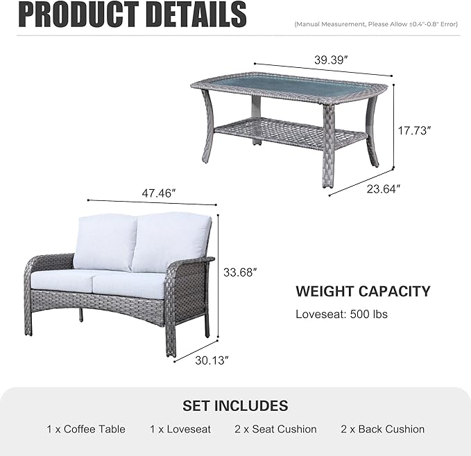 HOOOWOOO Patio Furniture Set, Outdoor High Back Loveseat Set, All Weather Wicker 2-Seater-Sofa Love Seat with Table - Photo 6