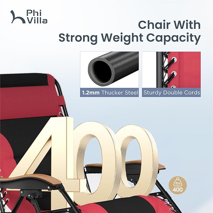 PHI VILLA XXL Oversized Padded Zero Gravity Chair Set of 2, Foldable Patio Recliner, 30" Wide Seat Anti Gravity Lounger with Armrest and Cup Holder, Support 400 LBS (Red)