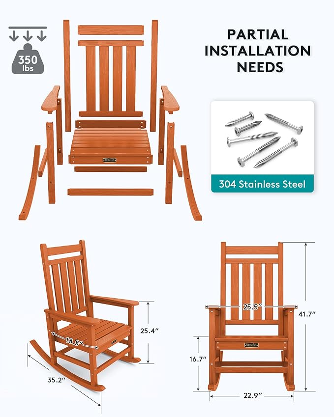 SERWALL Outdoor Rocking Chair Set of 2, Patio Rocking Chairs for Adult, All Weather Resistant Porch Rockers for Lawn Garden, Orange