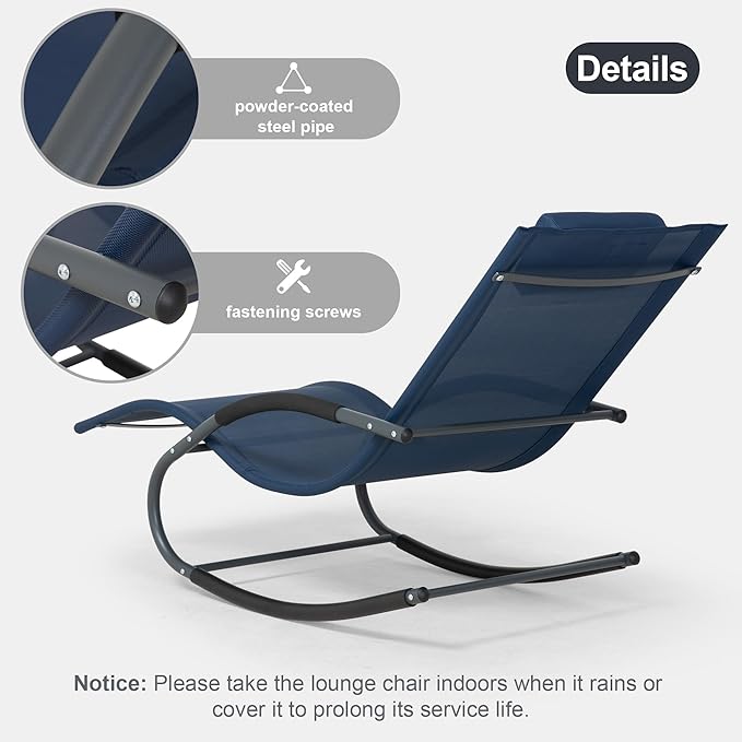 Outdoor Lounge Chair with Pillow, Pool Chaise Lounge Chair Set of 2, Navy Blue - Photo 5