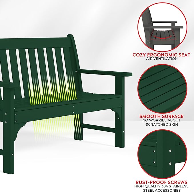 Costaelm Garden Bench, Farmhouse Park Front Porch for Entryway Bench Outdoor Seating Low Bench Patio Bench Outside/Indoor, Dark Green