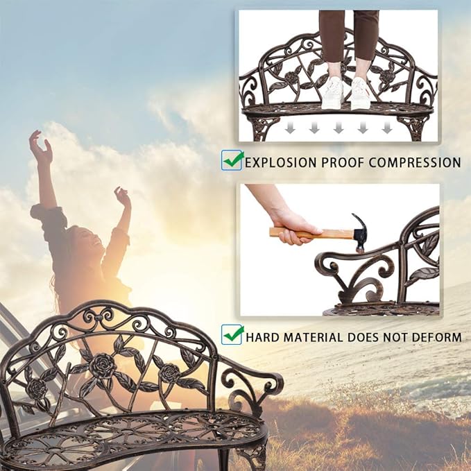 SSLine 38.5" Garden Patio Bench, Cast Aluminium Frame Antique Finish Rose Metal Outdoor Bench, Accented Lawn Front Porch Path Yard Decor Deck Furniture