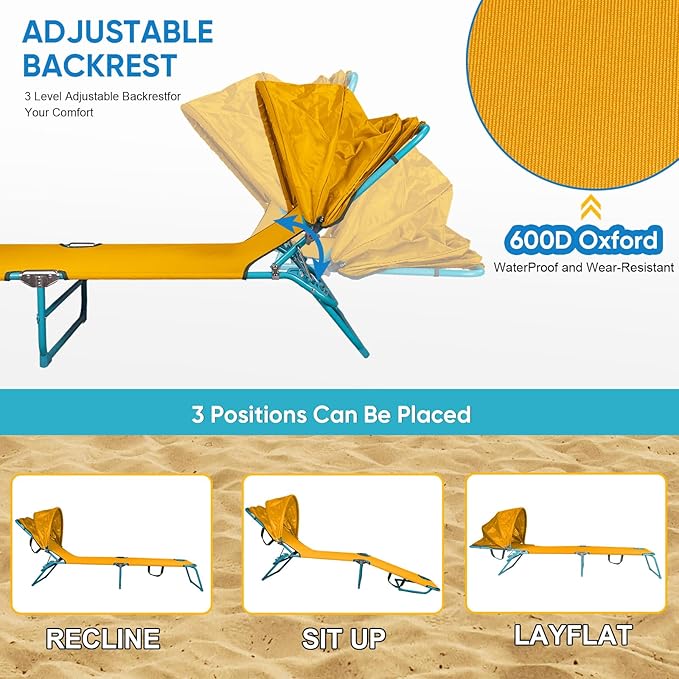 Northroad 2 Pack Beach Lounge Chair with Canopy Shade, Adjustable 4 Position Foldable Tanning Chair - Photo 4