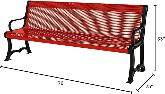 COATEDOUTDOORFURNITURE Coated Outdoor Furniture Heavy-Duty Outdoor Bench Thermoplastic Coated, Punched Steel, Commercial-Grade Garden Bench, Made in America (Portable with Back, 4 Ft, Red)