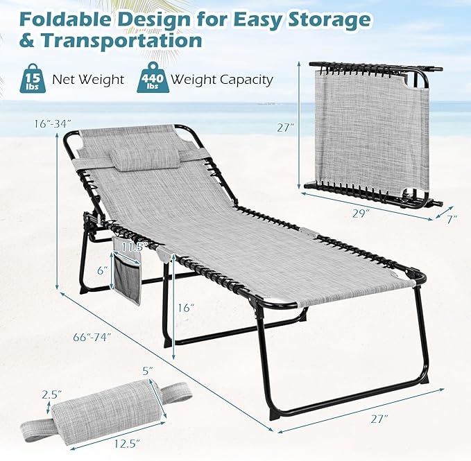 Giantex Lounge Chair Outdoor, Folding Tanning Chair with 4 Adjustable Positions, Removable Headrest, Footrest, Side Pocket, Load 440 Lbs, Portable Recliner for Lawn, Yard, Beach, Sunbathing (1, Grey)