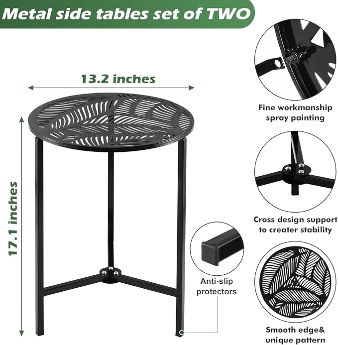 Party Zealot Set of 2 Small Round Metal Side Tables 13 Inches Black Outdoor End Tables for Patio, Balcony, Porch or Garden – Weather-Resistant Corner Coffee Table for Small Spaces & Indoor Plant Stand