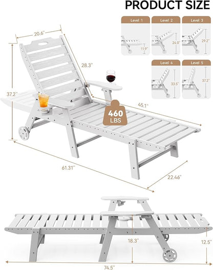 Carauci Lounge Chair Outdoor Set of 4, HDPE Chaise Lounge with Wheels, 5-Position Adjustable Backrest & 2 Cup Holders Patio Lounge Chair, All-Weather Pool Sun Lounger for Poolside, Backyard, White