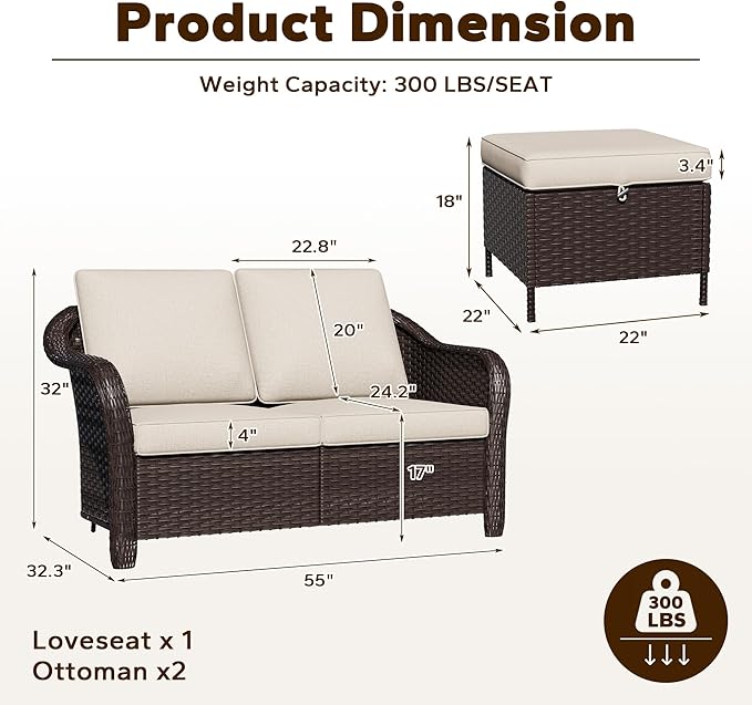 3 Piece Patio Wicker Conversation Set, All-Weather Use Outdoor Wicker Loveseat with 2 PE Rattan Ottomans, Ideal for Porch, Backyard, Balcony, Poolside, Beige