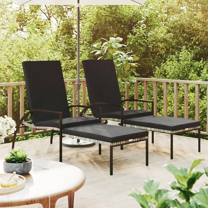 Sun Lounger Grey PE Rattan, Galvanized Steel, Fabric (100% Polyester) Recliner Chair Garden Sun Lounger Relaxing Chair for Patio Garden