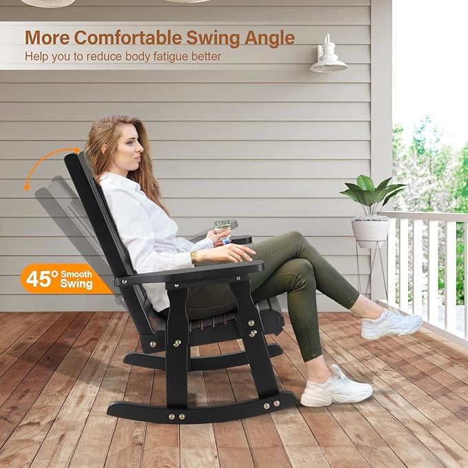 VINGLI Outdoor Rocking Chair, Heavy Duty 600 LBS Wooden Rocking Bench with Comfortable Backrest, Weatherproof Patio Rocker with Ergonomic Design, Wood Rocking Chair for Patio, Garden (Black, 1PC)
