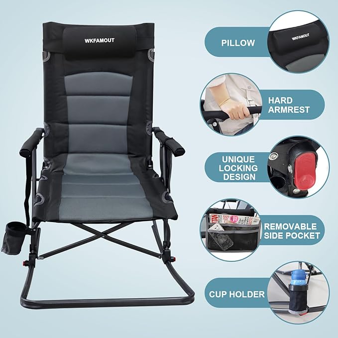 Oversized Folding Low Rocking Camping Chair with Footrest Removable Pillow Portable Outdoor Rocker Padded High Back Ergonomic Armrests for Patio Garden Lawn