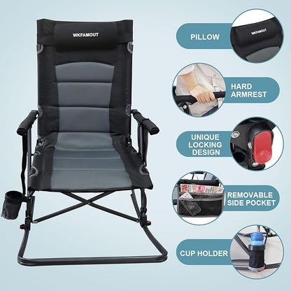 Oversized Folding Low Rocking Camping Chair with Footrest Removable Pillow Portable Outdoor Rocker Padded High Back Ergonomic Armrests for Patio Garden Lawn