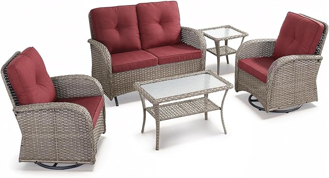5 Pieces Patio Furniture Set-Outdoor Rocking Chairs Set of 2 Outdoor Glider Bench with Wicker Outdoor Coffee Table for Deck Lawn Porch Balcony Poolside-Grey/Red