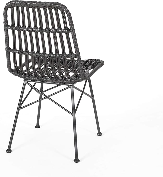 Christopher Knight Home Poppy Rattan Outdoor Dining Chairs Set of 2, Sturdy Metal Frame Patio Dining Chair Set for Backyard/Poolside, Slatted Armless Garden Chair, Sleek Open-Weave Design, Grey