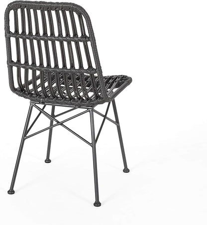 Christopher Knight Home Poppy Rattan Outdoor Dining Chairs Set of 2, Sturdy Metal Frame Patio Dining Chair Set for Backyard/Poolside, Slatted Armless Garden Chair, Sleek Open-Weave Design, Grey