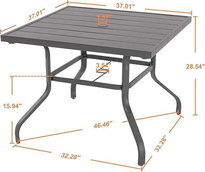 NUU GARDEN 37" Outdoor Patio Table, Square Steel Slat Dining Table for 4 with 1.57" Umbrella Hole - Photo 3