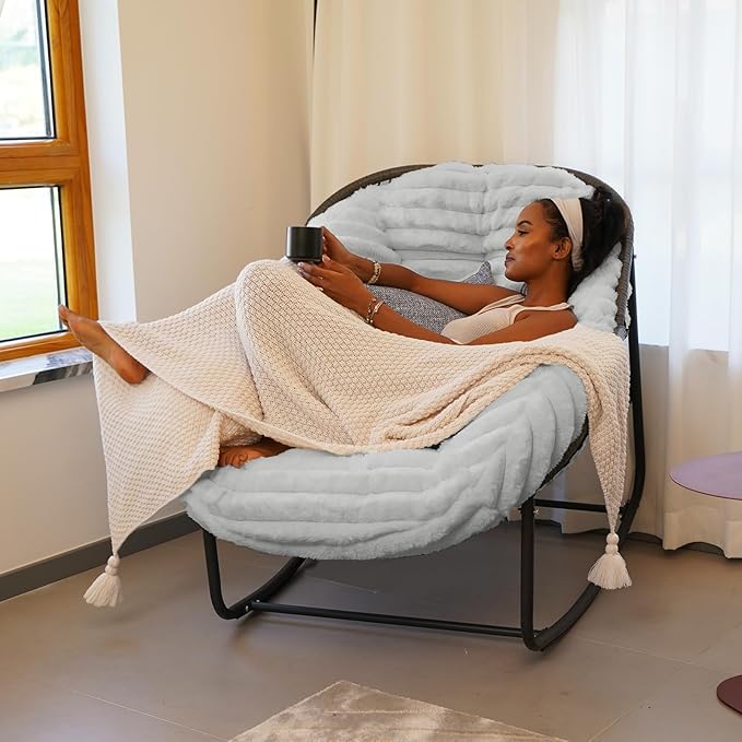 Outdoor Rocking Chair, Patio Wicker Egg Chair, Indoor Comfy Oversized Papasan Chair with Padded Cushion, Royal Rattan Rocker for Front Porch, Garden, Patio (Light Grey)