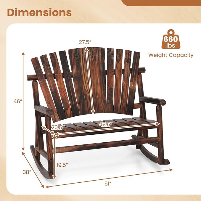 Giantex 2 Pcs Outdoor Wooden Rocking Bench, 2-Person Adirondack Porch Rocker Chair with High Back and Slatted Seat, Rustic Log Loveseat for Front Porch Patio, Backyard, Garden, Brown, 51”x38”x46”