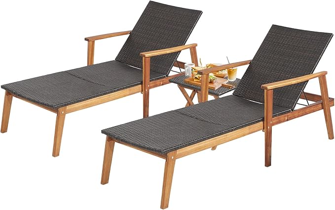 Tangkula 3 Piece Patio Chaise Lounge & Table Set, Outdoor Rattan Lounge Chair w/Folding Side Table, 4-Level Adjustable Backrest, Solid Acacia Wood Frame, Recliner & Table Set for Backyard (Mix Brown)