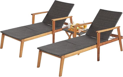 Tangkula 3 Piece Patio Chaise Lounge & Table Set, Outdoor Rattan Lounge Chair w/Folding Side Table, 4-Level Adjustable Backrest, Solid Acacia Wood Frame, Recliner & Table Set for Backyard (Mix Brown)