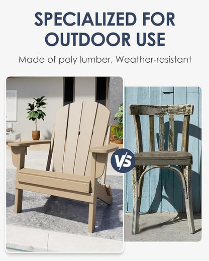 Folding Adirondack Chairs, All-Weather Resistant HDPE Patio Firepit Chairs, Sturdy Outside Chairs with Cup Holder, Lawn Chairs, 80% Pre-Installed Load Capacity 385lb, Weathered Wood