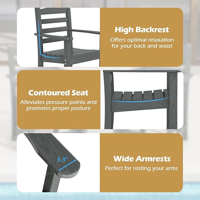 Tangkula Patio Dining Chairs Set of 4, HDPE All Weather Outdoor Chair w/Wide Armrests, Curved Seat, Wood Grain - Photo 6