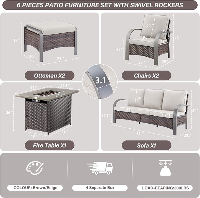 Belord 6 Pieces Patio Furniture Set with Fire Pit Table - 50000 BTU Propane Fire Pit, 2 Single Leisure Chairs - Photo 3