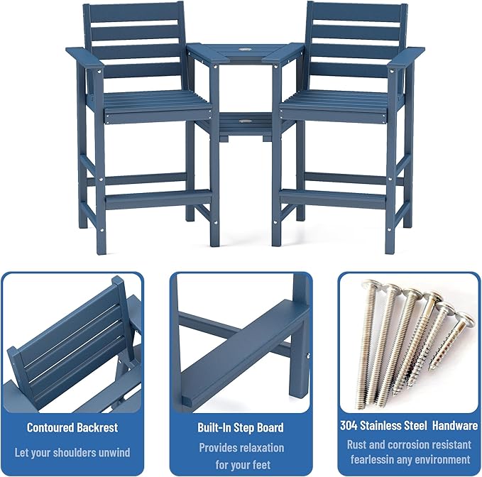 Tall Adirondack Chair Set of 2 ,HDPE Adirondack Bar Stools with Removable Connecting Trays ,Weather Resistant Balcony Chair,Outdoor Adirondack Bar Chairs for Patio,Pool,Garden, Backyard Navy Blue