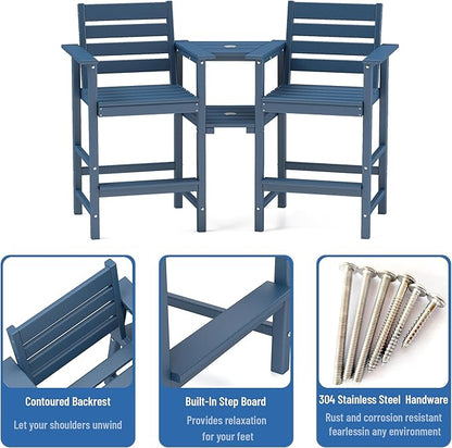 Tall Adirondack Chair Set of 2 ,HDPE Adirondack Bar Stools with Removable Connecting Trays ,Weather Resistant Balcony Chair,Outdoor Adirondack Bar Chairs for Patio,Pool,Garden, Backyard Navy Blue