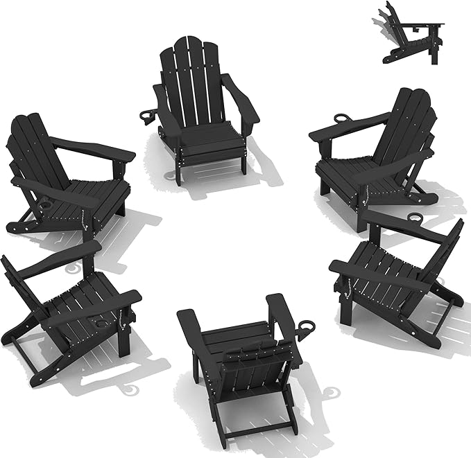 KINGYES Adjustable Folding Adirondack Chair Set of 6, 3-Position Reclining Adirondack Chairs with Cup Holder, HDPE All-Weather Oversized Adirondack for Outdoor, Patio, Backyard Deck, Fire Pit, Black