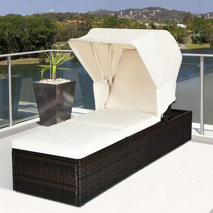 Tangkula Outdoor Chaise Lounge Chair with Folding Canopy, Adjustable Cushioned Reclining Chair with Flip-up Tea Table - Photo 2