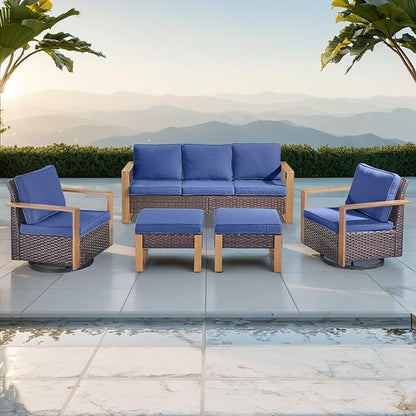 Rilyson Outdoor Wicker Patio Furniture Set - 5 Piece Patio Conversation Set with 2 Wicker Swivel Rocker Chairs,2 Rattan Ottoman and 1 Couch,Thick Cushions,Deep Seating,Wide Armrest(Brown/Blue)