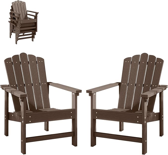 Stackable Adirondack Chairs Set of 2, Weather-Resistant Outdoor Patio Seating, Low Maintenance Poly Lumber Chairs for Porch, Deck, Garden, Fire Pit (Brown)