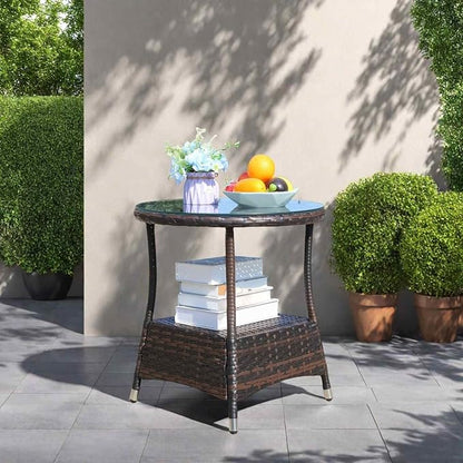 Outdoor Wicker Side Table with Glass Top, 21" Round Patio End Table, All-Weather PE Rattan Coffee Table for Garden, Balcony, Poolside, 120lbs Capacity, Easy Assembly