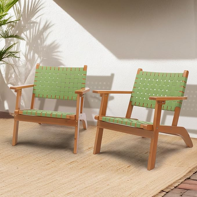 VINGLI Outdoor Armchair, All-Weather Wooden Patio Chair with Waterproof PE Woven Fabric, Adirondack Chair for Garden, Lawn and Poolside (2, Green and Brown)